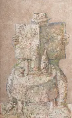 Man reading newspaper by Domenico Gnoli, Acrylic and sand on canvas, sold Jan 2026