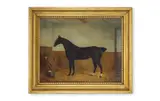 A dark bay horse in a stable by W. D. Williams, 1875, Oil on canvas, sold Jan 2026