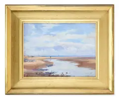 A beach scene with figures and sailing boat by Robert Edward Morrison, 1897, Oil on board, sold Jan 2026