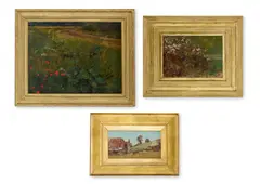 Poppies and wildflowers; ferns and brambles; farm by Ernest Waterlow, Oil on board The third signed with initials, sold Jan 2026
