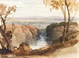A river running through a wooded landscape by William Leighton Leitch, Watercolour on paper, sold Jan 2026