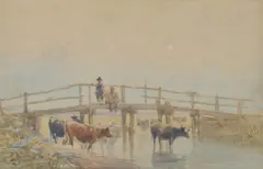 Cattle in a stream with figures on a bridge by David Cox Sen., Pencil and watercolour, sold Jan 2026