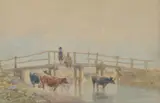 Cattle in a stream with figures on a bridge by David Cox Sen., Pencil and watercolour, sold Jan 2026