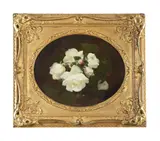 White roses by Stuart Park, Oil on canvas, laid to board, framed oval, sold Jan 2026