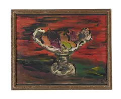 Still life of fruit in a glass vase by Bernard Meninsky, Oil on canvas laid to board, sold Jan 2026