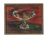Still life of fruit in a glass vase by Bernard Meninsky, Oil on canvas laid to board, sold Jan 2026