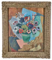 Still life of flowers in a vase by De la Roche, Oil on board, sold Nov 2025