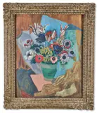 Still life of flowers in a vase by De la Roche, Oil on board, sold Nov 2025