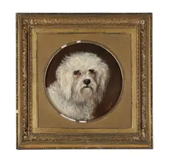 A maltese terrier by J H Wills, Oil on board, sold Nov 2025