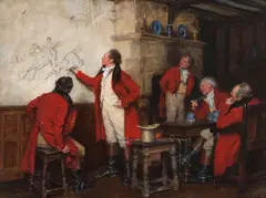 Huntsmen recounting a fall by Frank Moss Bennett, oil on canvas, sold Jun 2014