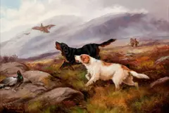 Gun dogs resting with quarry by Robert Cleminson, oil on canvas, offered Jun 2014