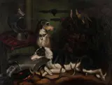 Hounds lying with armour by British School, oil on canvas, offered Jun 2014