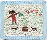 Woman Watering Flowers by Willie Tarver, Paint on Cardboard Tray, sold Jun 2023
