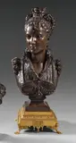 Buste de femme en costume Renaissance, coiffée d'un diadème by Vincent Désiré Faure de Broussé, Bronze patiné sur un socle en bronze doré à pieds à griffes, sold Jun 2026