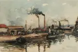 Vue d'un port de la Seine, au loin les cheminées d'usines by Fernand Herbo, Aquarelle et gouache sur papier, sold Jun 2026