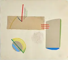 Composition géométrique by István Beöthy, Technique mixte : collage et rehauts de gouache sur papier, contrecollé sur un passe-parto, sold Oct 2025