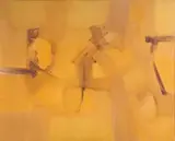 Composition ocre by Gustavo Vázquez, Toile signée, sold Oct 2025
