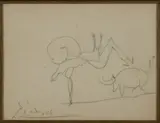 Escargot Picador (banderillero) by Pablo Picasso, vers 1950, Crayon au dos d’une carte de restaurant « Hôtel Chambord, à l’Escargot qui tette » à Vichy, sold Feb 2025