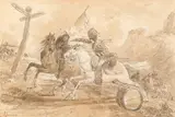 Combat de cavalerie by Jacques François Swebach Desfontaines, Plume et encre noire, lavis brun, sur traits de crayon noir, sold Jul 2026