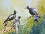 Trois corneilles mantelées by Sydney Long, Aquarelle à rehauts de gouaches sur papier marouflée sur panneau signée en bas à gauche, sold Jun 2026
