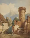 Place d'un village à la tour by Alfred de Knyff, Aquarelle signée en bas à gauche et datée "1841", sold May 2026