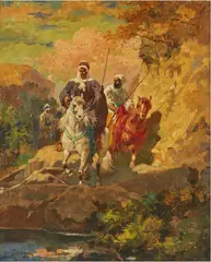 Cavaliers arabes dans un défilé by Adolf Schreyer, Panneau Signé en bas à gauche Schreyer, sold May 2026