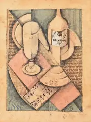 Nature morte à la bouteille de Calvados by Albert Coste, Technique mixte, aquarelle, gouache, crayon et collage, sold Jul 2026