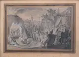 Le miracle de Shadrach, Meshach et Abednego protégé par un ange de la fournaise où les a condamnés le roi Nabuchodonosor by Bernard Picart, Plume et encre noire, lavis gris, gouache blanche, sold Jun 2026