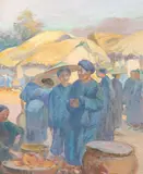 Artiste peintre et graveur, élève de Gérôme et de L.O Merson. Scène de marché au Tonkin by Georges Fraipont, Gouache sur papier encadrée signée en bas à gauche, sold Mar 2026