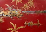 Sans titre by Thanh Le, Panneau en bois laqué polychrome et or sur fond rouge représentant une scène de marché flo, sold Mar 2026