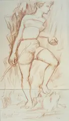 Jeune fille au bâton by Mikhail Larionov, Sanguine sur papier réalisée en deux feuillets et monogrammée en bas à droite du second fe, sold Jan 2026