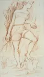 Jeune fille au bâton by Mikhail Larionov, Sanguine sur papier réalisée en deux feuillets et monogrammée en bas à droite du second fe, sold Jan 2026
