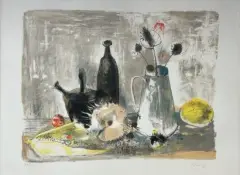 Nature morte au pichet de fleurs, bouteille, verseuse et fruits by Jean Jansem, Lithographie en couleurs sur papier, sold Jan 2026