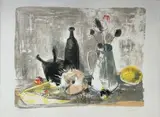 Nature morte au pichet de fleurs, bouteille, verseuse et fruits by Jean Jansem, Lithographie en couleurs sur papier, sold Jan 2026