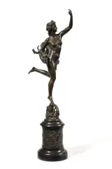 La Fortune by Victor Fulconis, Bronze à patine brune signée reposant sur un socle en marbre orné d'allégories des arts li, sold Sep 2026