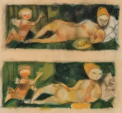 Deux nus à l'angelot by Roger Bissière, 1939, Pastel et fusain sur papier vergé chamois H_40,5 cm L_43,5 cm Provenance : - Galerie Jeann, sold Dec 2025