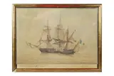 Le Fougueux capturant le Pélican by Ange-Joseph Antoine I Roux, 1804, Plume, encre et aquarelle sur papier titré, sold Sep 2025