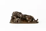 Lionne au lièvre by Antoine-Louis Barye, Bronze à patine brune Signé dans la terrasse H_10 cm L_24 cm, sold Sep 2025