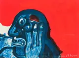 Visage Bleu sur fond rouge by Bengt Lindström, Gouache sur papier Signé en bas à droite H_29 cm L_38,5 cm (à vue), sold Jul 2025