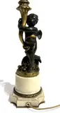 (sculpteur) - Susse frères (éditeur) Flambeau figurant un putto ailé au panier de fruits renversé à la corne d'abondance by Léopold Oudry, Bronze doré et à patine brune et socle en marbre beige, sold Apr 2026