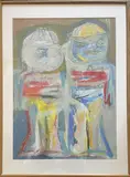 Sans titre, deux enfants stylisés by Jerry Krellenstein, Gouache sur papier Signée, sold Oct 2025
