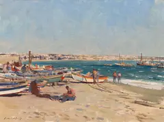 Fishing Boats on the Beach, Cascais by Edward Seago, oil on canvas, sold Apr 2026