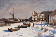 Winter at Pin Mill, Suffolk by Edward Seago, oil on board, sold Apr 2026