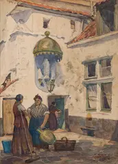 A 14th century courtyard, rue Schoyte, Antwerp by Franklin Carmichael, 1914, watercolour on board, sold Apr 2026