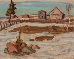 Farms, St. Tite des Caps by A. Y. Jackson, oil on board, sold Apr 2026