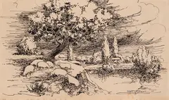 The Banks of the River by Tom Thomson, 1908, ink on paper, sold Apr 2026