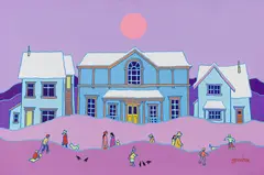 Dawson In a Purple Mood by Ted Harrison, 1990, acrylic on canvas, sold Mar 2026