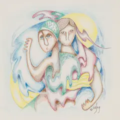 Thunderbird Man and Woman by Daphne Odjig, 1990, coloured pencil on paper, sold Mar 2026