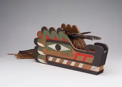 Nuu-Chah-Nulth Headdress by Joe David, carved cedar, bark, feathers, acrylic, sold Feb 2026