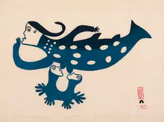 Sea Goddess Feeding Young by Sakiassie Ragee, stonecut on paper, sold Feb 2026
